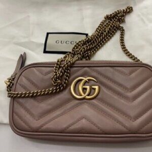 Authentic Gucci GG Marmont Matelasse Leather Mini Chain Bag In Porcelain Rose